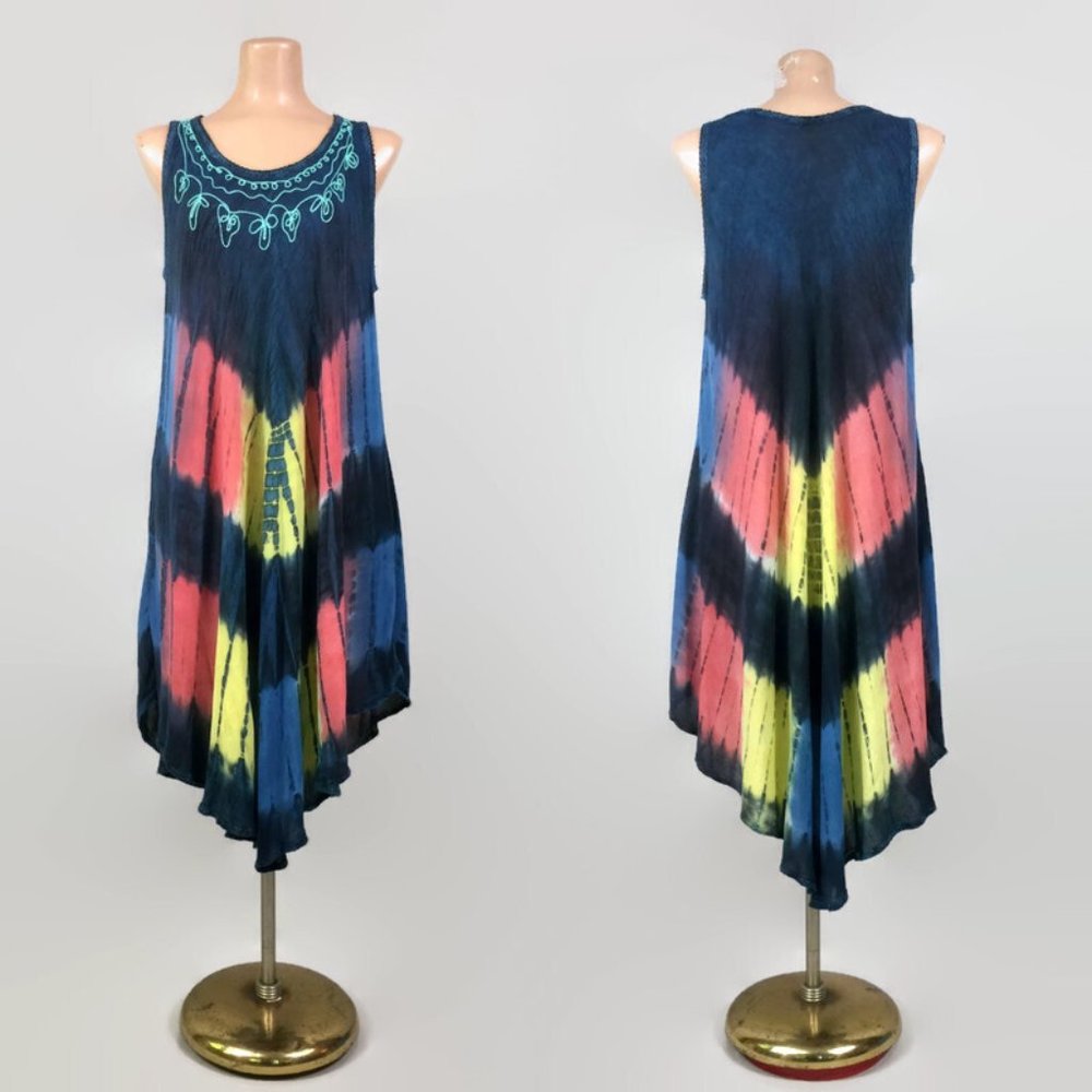 VINTAGE 90s Embroidered Tie Dye Indian Rayon Trapeze Dress Butterfly Wing Caftan